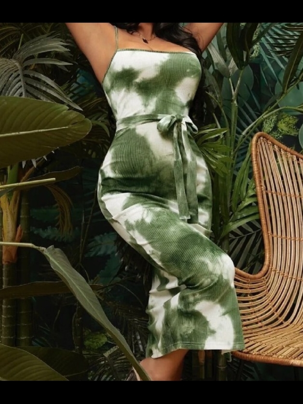 Tie-Dye Ribbed Olive Green Bodycon Midi Dress with Waist Tie